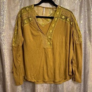 Free People Lola Mustard Golden Yellow Mesh Sheer Long Sleeve Top XS